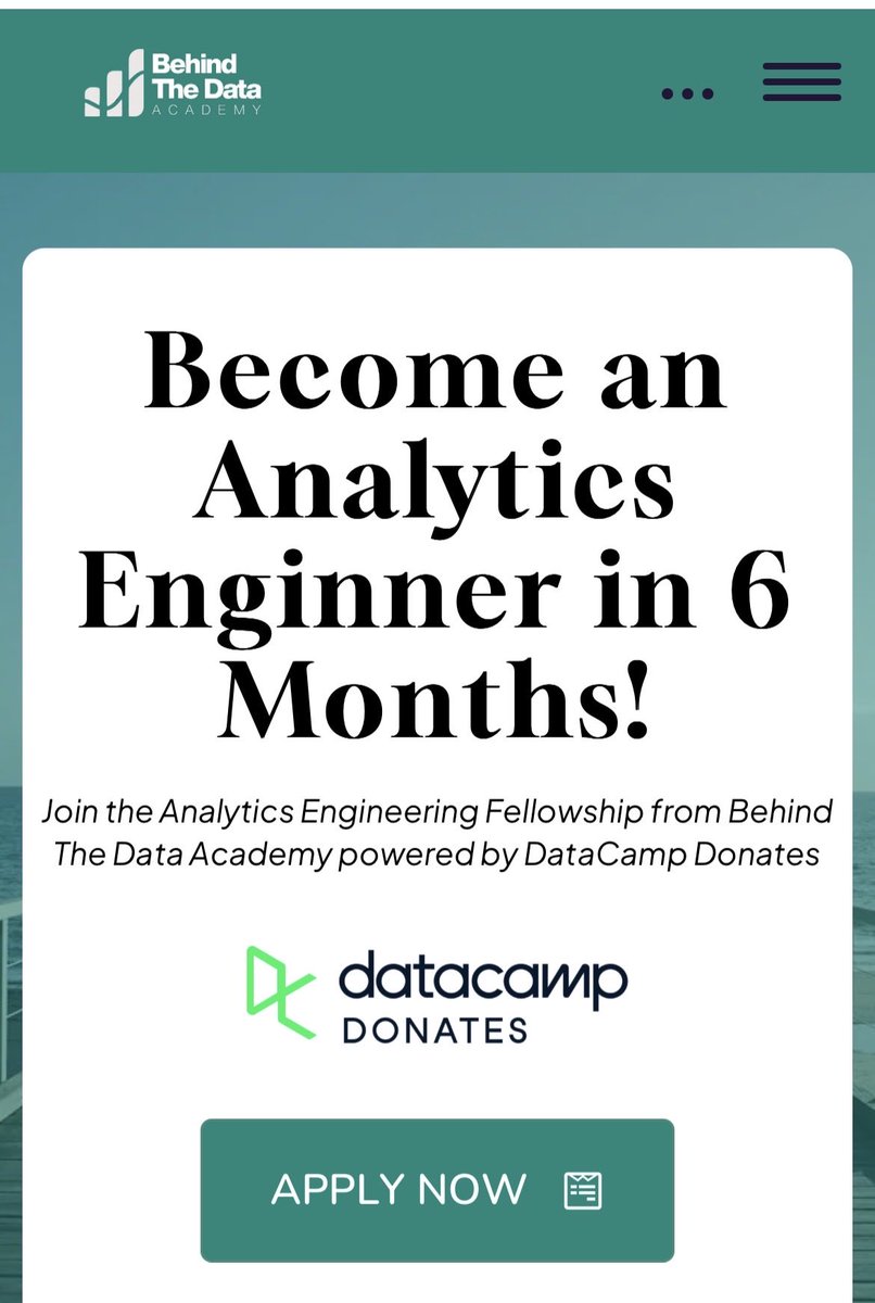 Behind The Data Academy x DataCamp Donates - Applications OPEN! 🚀

The Analytics Engineering Fellowship Bootcamp is live!
Built for people who want real, job-ready data skills.

You’ll learn:
- Real-world data analysis
- Analytics engineering (transforming raw data)
- Modern