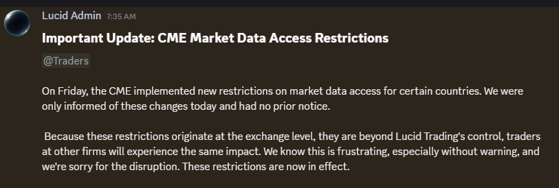 jmutrades's tweet photo. 🚨Breaking News:
CME implements market data access restrictions for additional countries.  Firms add new countries to restricted list.  Announcements including plans for refunds from @Tradeify and @TradingLucid below. https://t.co/3iJLINjfuO