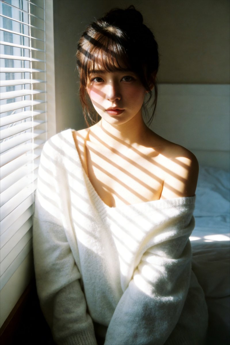 LiEvanna85716's tweet image. 光影杀手来了🥷
{
  "prompt": "Ultra-realistic indoor portrait of a young woman sitting by a window in a quiet room. Strong natural sunlight passes through window blinds, casting clear striped shadows across her face, shoulders, and collarbone. Soft yet high-contrast lighting,