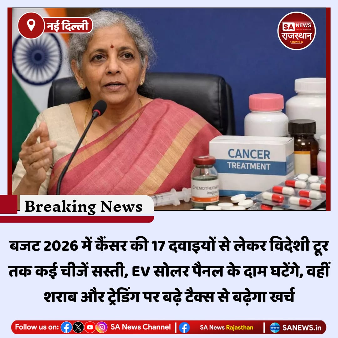 SANewsRajasthan's tweet photo. News-नई दिल्ली बजट 2026 में कैंसर की 17 दवाइयों से लेकर विदेशी टूर तक कई चीजें सस्ती, EV सोलर पैनल के दाम घटेंगे, वहीं शराब और ट्रेडिंग पर बढ़े टैक्स से बढ़ेगा खर्च
#BudgetImpact #SastaMehnga #UnionBudget
#CancerMedicines #EVBattery #SolarEnergy https://t.co/QyHxQawWXK