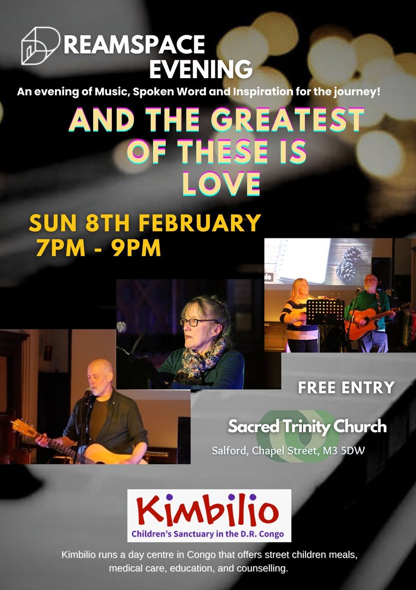 Next DreamSpace Evening on Sun 8 Feb 7-9pm at Sacred Trinity Salford. 2 great choirs, musicians &amp; poets. FREE ENTRY with a voluntary charitable donation to Kimbilio Project. The fabulous Rose Condo will be hosting! Come on down! ❤️ #dreamspace #spokenword #music #sacredsalford