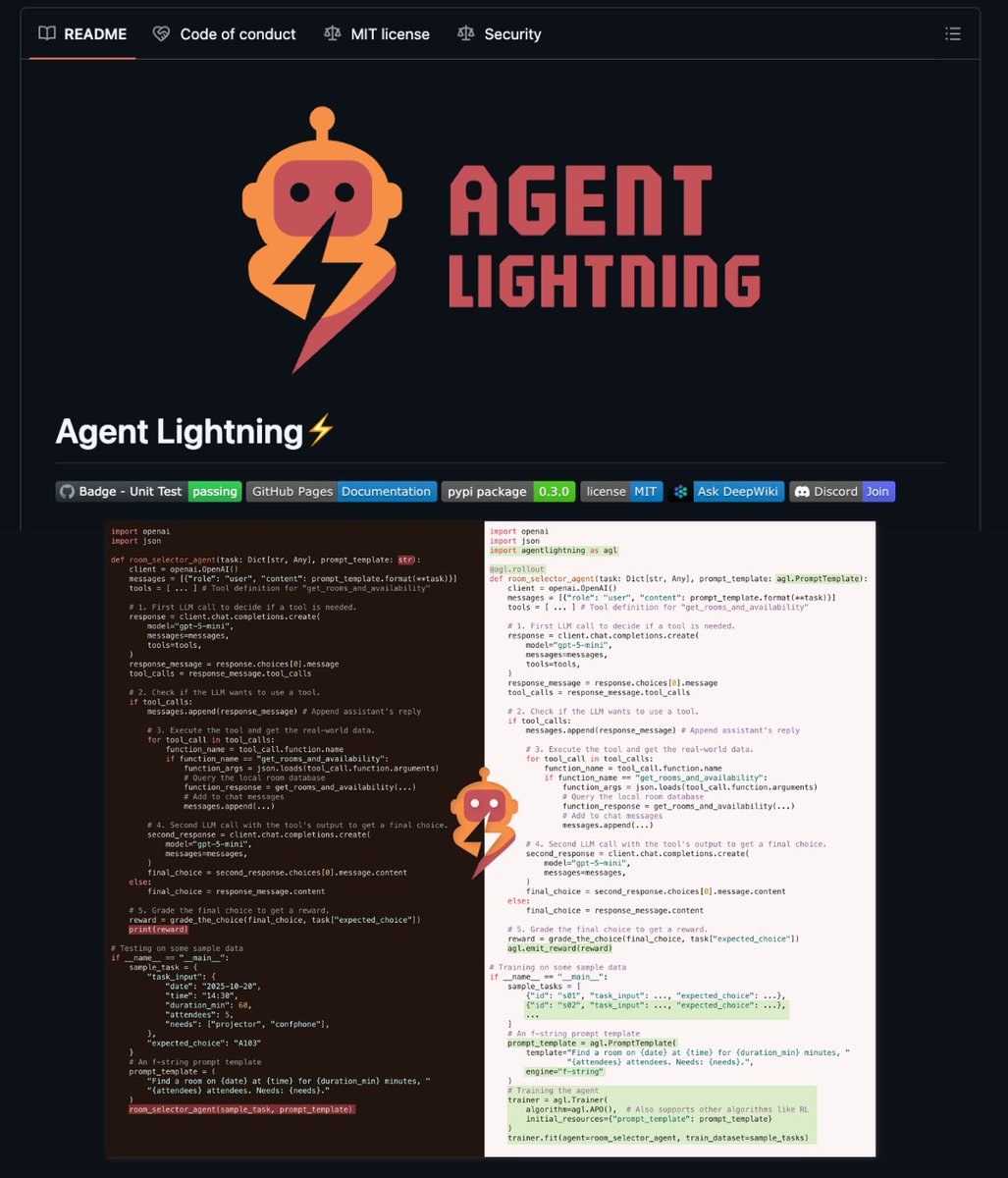🚨BREAKING: Microsoft just solved the "Agent Loop" problem.

Agent Lightning is an open-source framework that lets agents learn from their own mistakes using Reinforcement Learning.

Your agent fails a task → Agent Lightning analyzes why → Updates the prompt automatically →