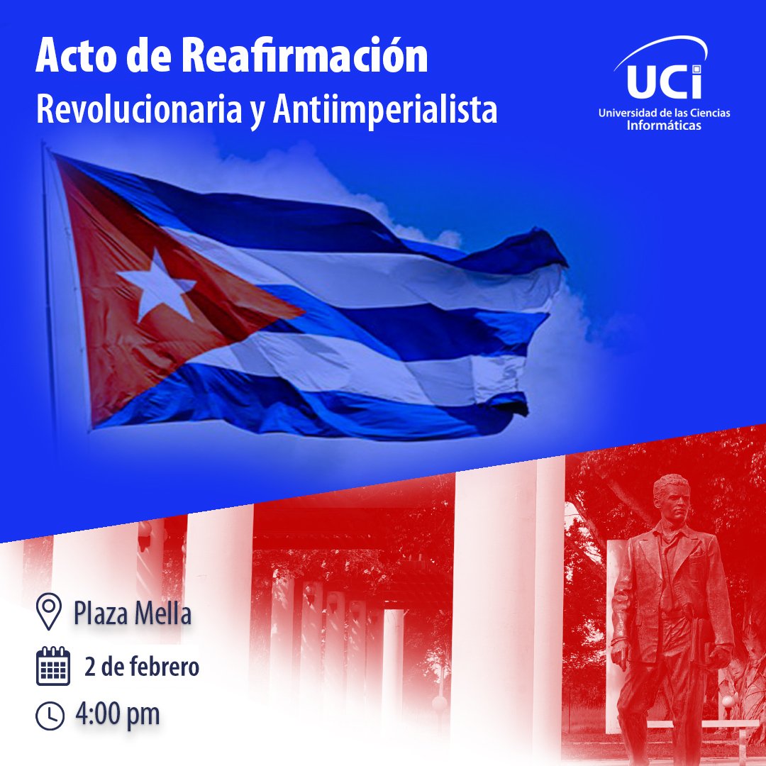 📢 Te invitamos al Acto de Reafirmación Revolucionaria y Antiimperialista.

  🇨🇺 Unamos nuestras voces y ratifiquemos nuestro compromiso con la Patria ♥️. 
 
📍 Plaza Mella 📷 
🕑 4:00 pm   

#Cuba