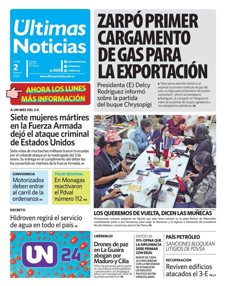Mientras se descubre que Maria Corina Machado esta vinculada a los documentos de Epstein, Venezuela avanza en manos de una mujer digna, como lo es la presidenta encargada Delcy Rodríguez, quien anunció que zarpó el primer cargamento de gas para la exportación. 

#LaSayonaEpstein