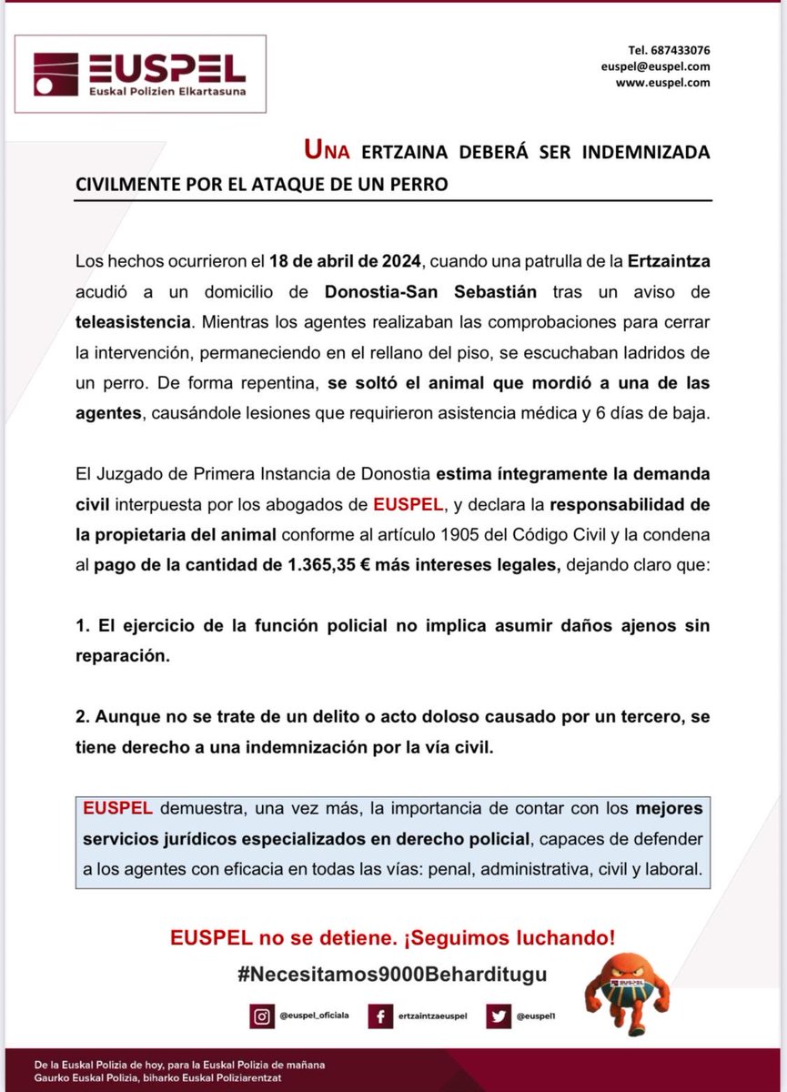 ⚖️ Indemnizada una compañera por el ataque de un perro.

#EUSPEL demuestra, una vez más, la importancia de contar con los mejores servicios jurídicos especializados en derecho policial, capaces de defender a los agentes con eficacia en todas las vías.