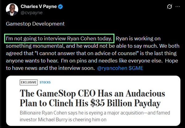 ReesePolitics's tweet photo. BREAKING: Charles Payne cannot interview $GME CEO Ryan Cohen because of legal counsel. Charles added that RC is working on 'something monumental' 🚨. https://t.co/twsTDA38u7