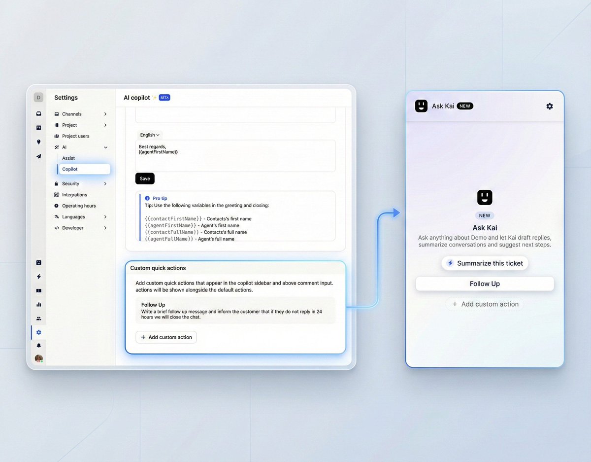 What's the one support task your team does way too often? 🤔 Now you can turn it into a Custom Quick Action with Kai (co-pilot). 

Just set it up in your Gleap settings, and it's ready for instant use in the sidebar. 

What will you automate first? Let us know!