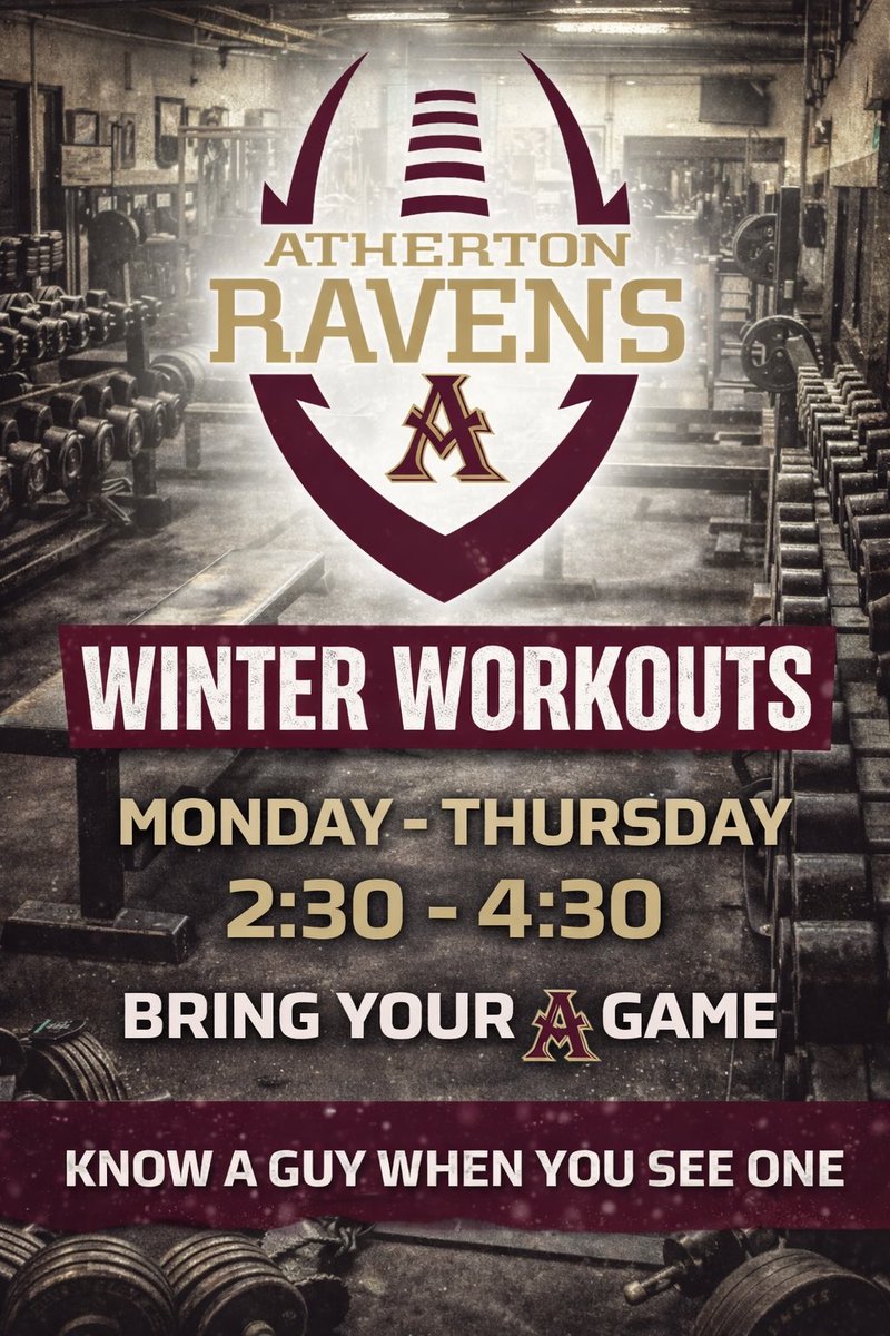 AthertonFootbal's tweet photo. Winter is where champions are built. Separation season starts now. #KnowAGuyWhenYouSeeOne
#BigAFactory https://t.co/OrH4kDfoyc