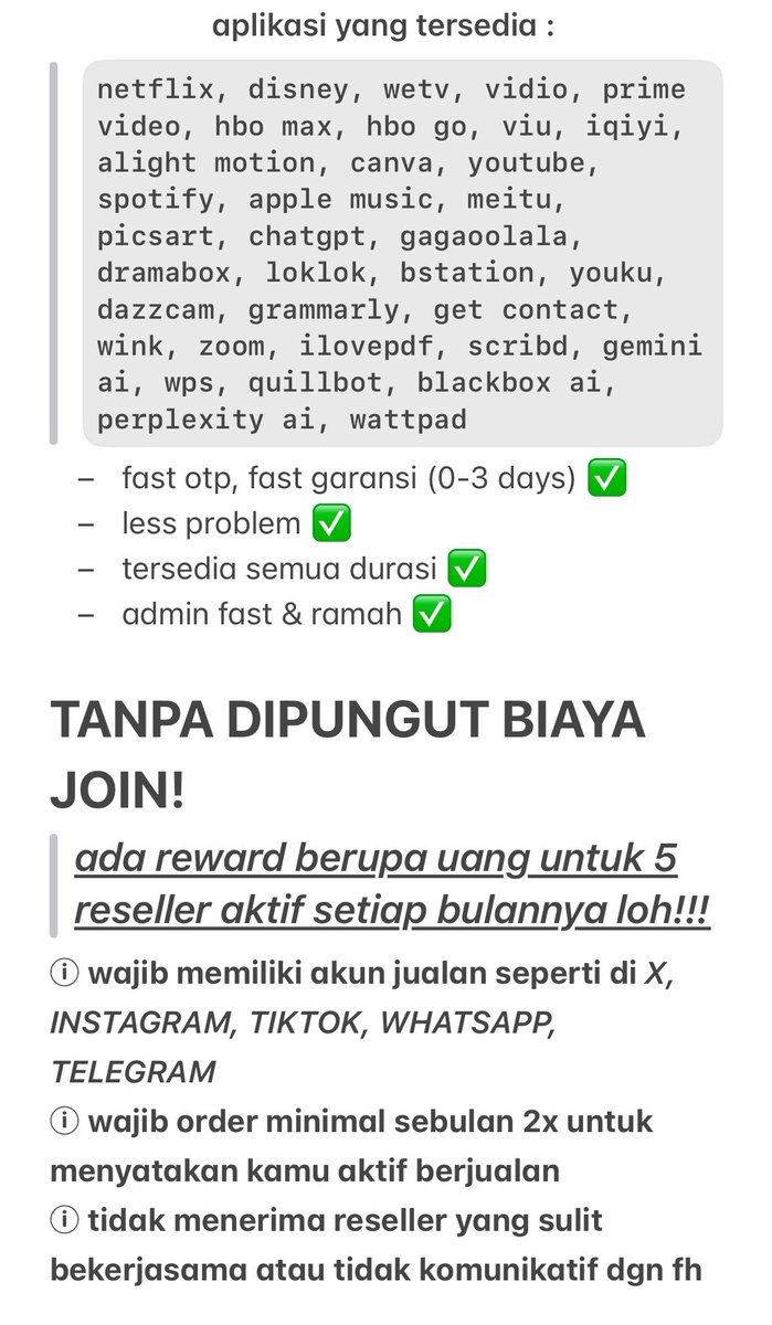 mansstein's tweet image. HRT. halo! aku fh app prem yang masih open reseller nih guys 👀 lagi ada event loh! total hadiahnya 220.000 🙀 open pagi sampai malam &amp;amp; garansian fast ga ribet 💨 netflix nya bill indo dan strong 💪🏻 bisa cek pl ke wa.me/6282125688731 ♥︎  #zonauang