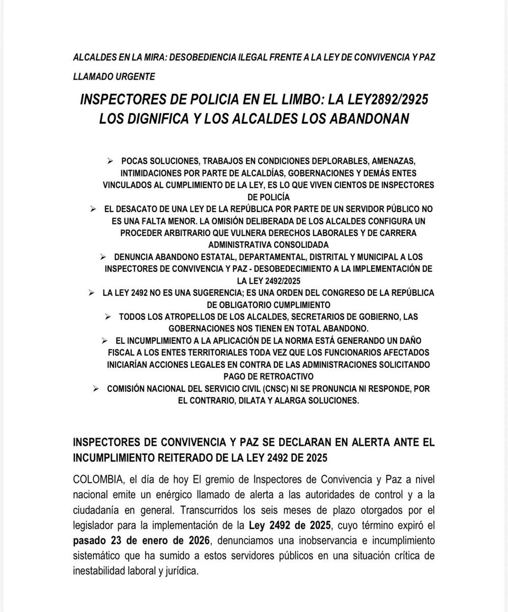 #JUSTICIA| El gremio nacional de Inspectores de Convivencia y Paz lanzó una alerta pública ante el incumplimiento de la Ley 2492 de 2025 por parte de la mayoría de alcaldías del país, a pesar de que el plazo legal para su implementación venció el pasado 23 de enero de 2026.