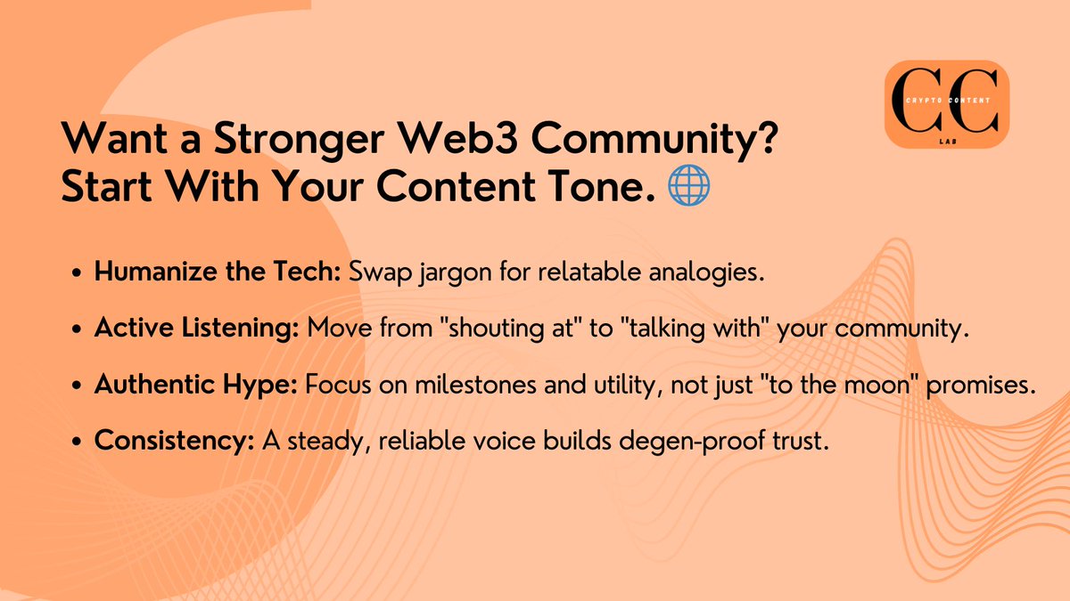 CClab_'s tweet photo. To build a loyal Web3 community, stop relying on hype and start using a human-centric tone that bridges the gap between complex tech and authentic connection.

#Web3 #CommunityBuilding #CryptoMarketing #Blockchain #Web3Strategy #NFTCommunity #DigitalAssets #MarketingTips https://t.co/xlsVEyE8UD