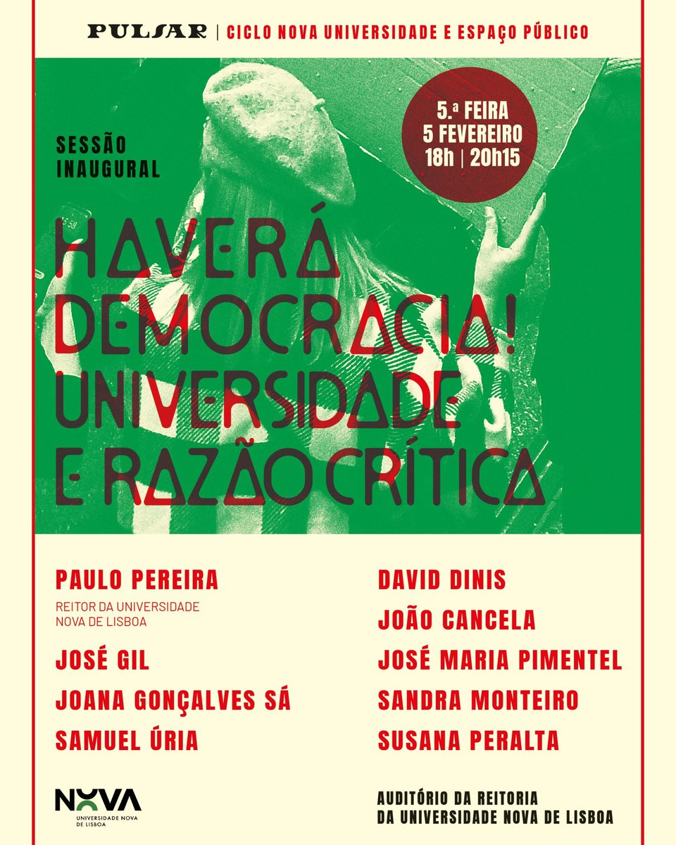 joaoc's tweet photo. Juntem-se a nós esta 5a feira, 5/2, às 18h na reitoria da @NOVAunl: comunicações do reitor Paulo Pereira, José Gil e Joana Gonçalves Sá; debate moderado por @pimenteljm, com a @speraltalisboa, @daviddinis, Sandra Monteiro e comigo; actuação do Samuel Úria! Apareçam e participem. https://t.co/zZufuhxxKr