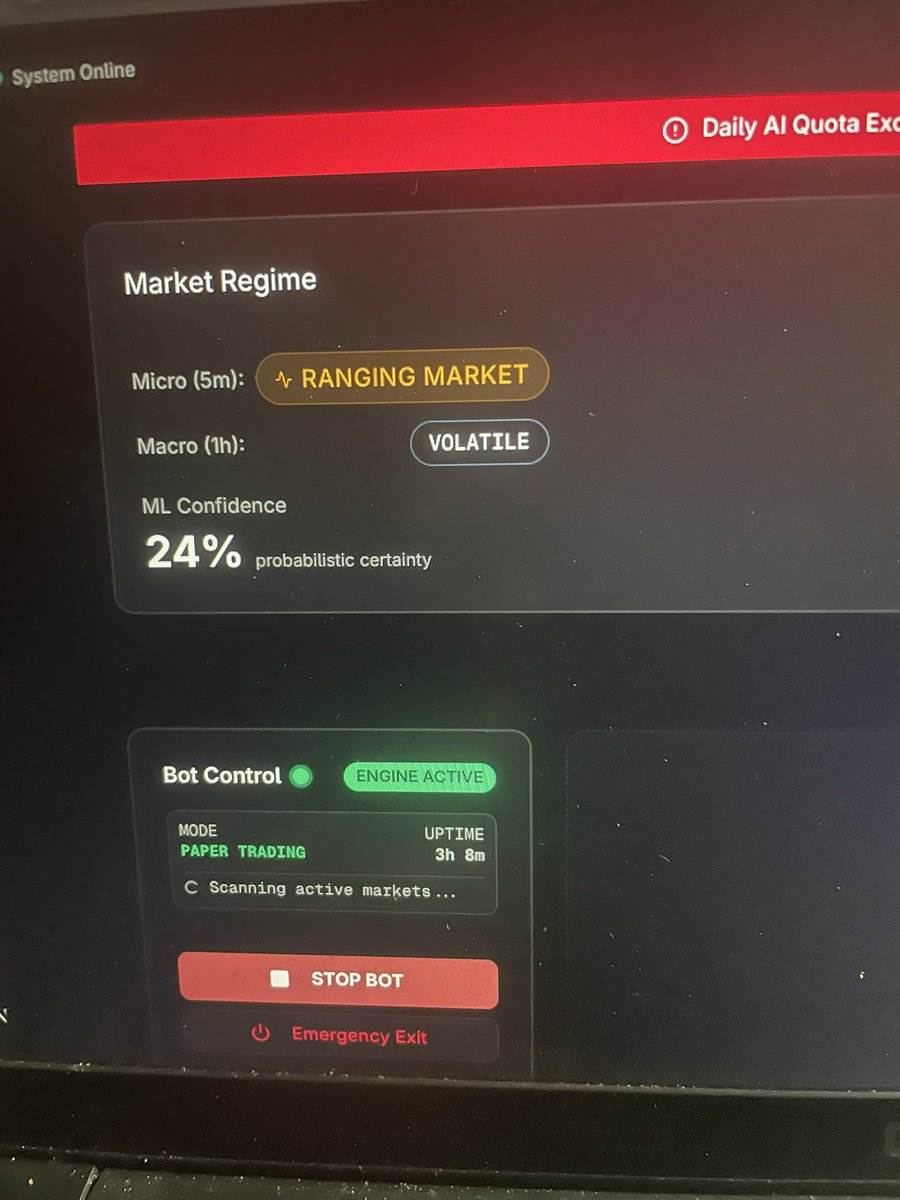 ucdev_0's tweet photo. Built a trading bot that actually thinks before trading. Not another “AI” black box YOLOing into every candle. Self-improving risk models, real-time news, multi-layer safety, adaptive logic, pro exchange connectivity. It knows when not to trade. Beta waitlist soon. https://t.co/FOlsqBYZLQ