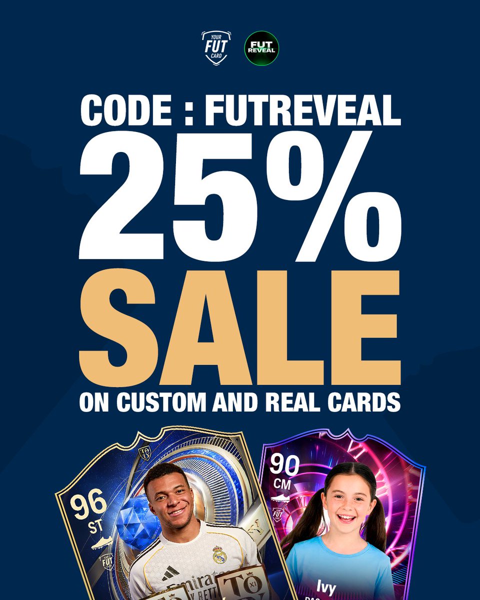 FC27FUT's tweet photo. 🚨 FUTREVEAL x YourFutCard 🚨
Want your own PHYSICAL FUT Card? 🎮⚽
💪Custom or Real Player design 🔥
💸 -25% OFF
🙌Use code: FUTREVEAL
Create your card. Print it. Hold it. 🏆
Link in bio 👇
#FUT #EAFC #FC26 #FUTCards #Gaming #Football #FUTREVEAL #YourFutCard #UltimateTeam #CustomCard