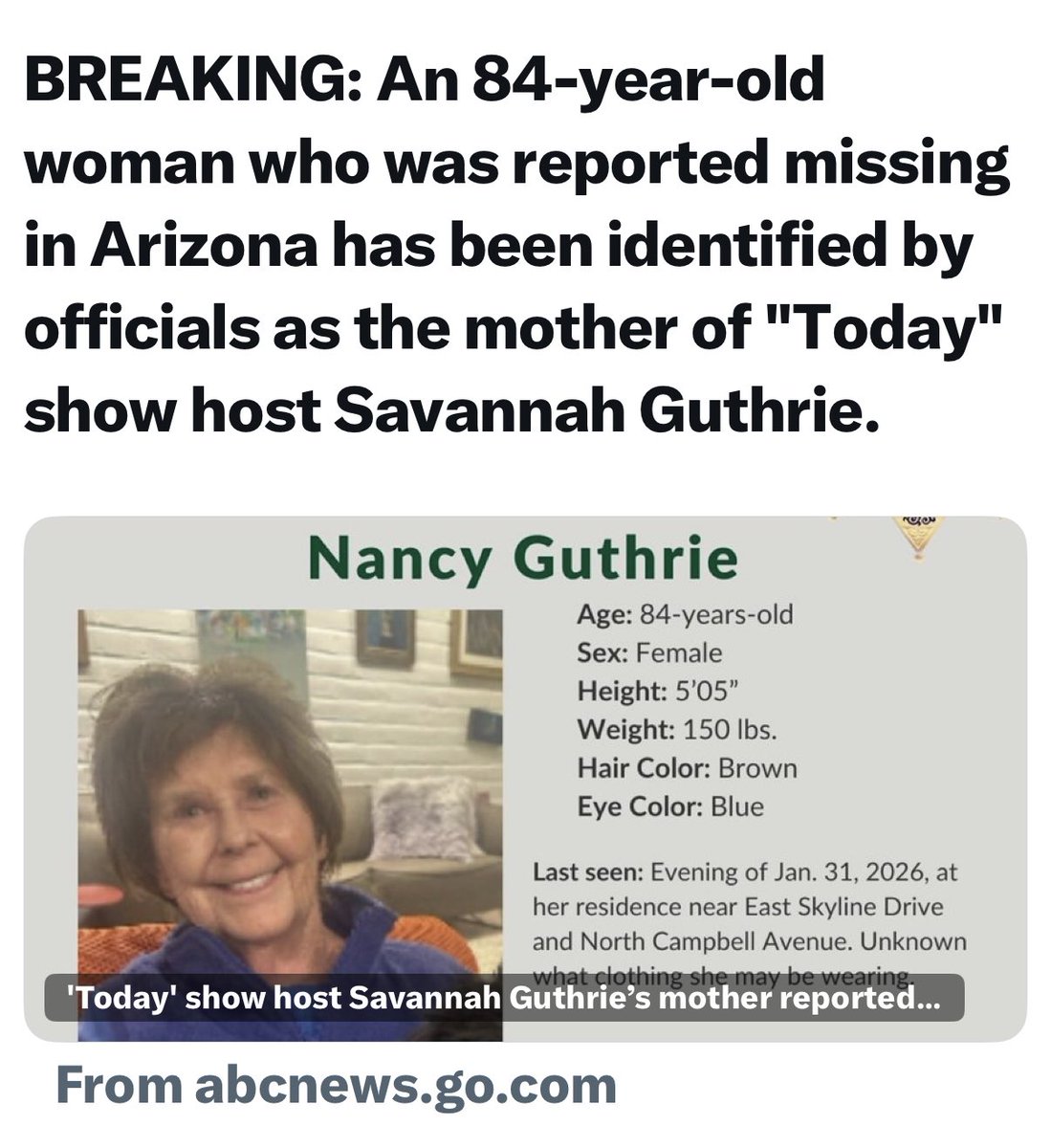 My heart is hurting for Savannah Guthrie and her family as they search for her beloved mom. Praying and praying for her safe return!