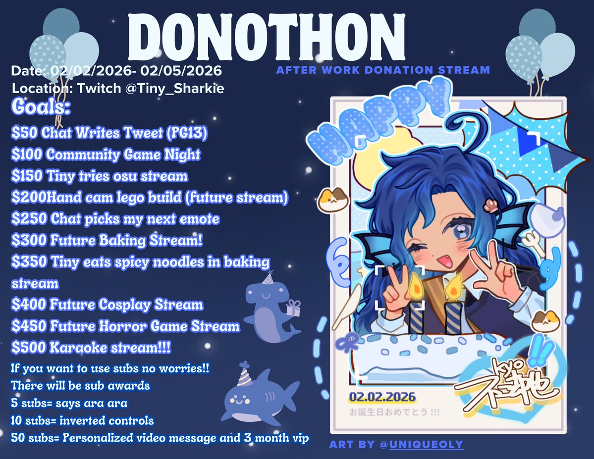 Good morning
Okie after a random week long break due to wifi problems.WE BACK!!
 With an event!!! I will be doing an after work DONATHON!!
No one is ever obligated to donate! Just being there and spending time with me and my friends who will be playing games with me!!💙