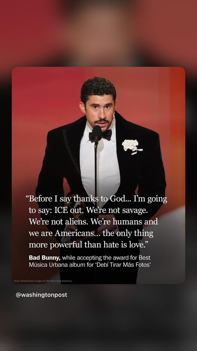 OliviaRodrigoAR's tweet image. Olivia comparte en sus historias una parte del discurso de Bad Bunny al recibir el Grammy a Álbum del Año

“Antes de agradecer a Dios, voy a decir: fuera ICE. No somos salvajes. No somos aliens. Somos humanos y somos americanos… Lo único más poderoso que el odio es el amor.”