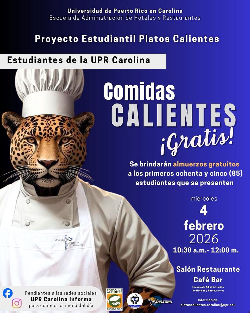 UprCarolinaCrep's tweet photo. 🔥🍽️ ¡ALMUERZO GRATIS ESTE MIÉRCOLES! 🍽️🔥
Nuestros voluntarios del Proyecto Estudiantil Platos Calientes estarán preparando una comida deliciosa, hecha con talento y mucho corazón ❤️ 😋💛

⚠️ Solo 85 estudiantes
📅 4 de febrero de 2026
🕥 Desde las 10:30 a.m.
📍 Café Bar – UPRCA https://t.co/LhX9OsXpgy