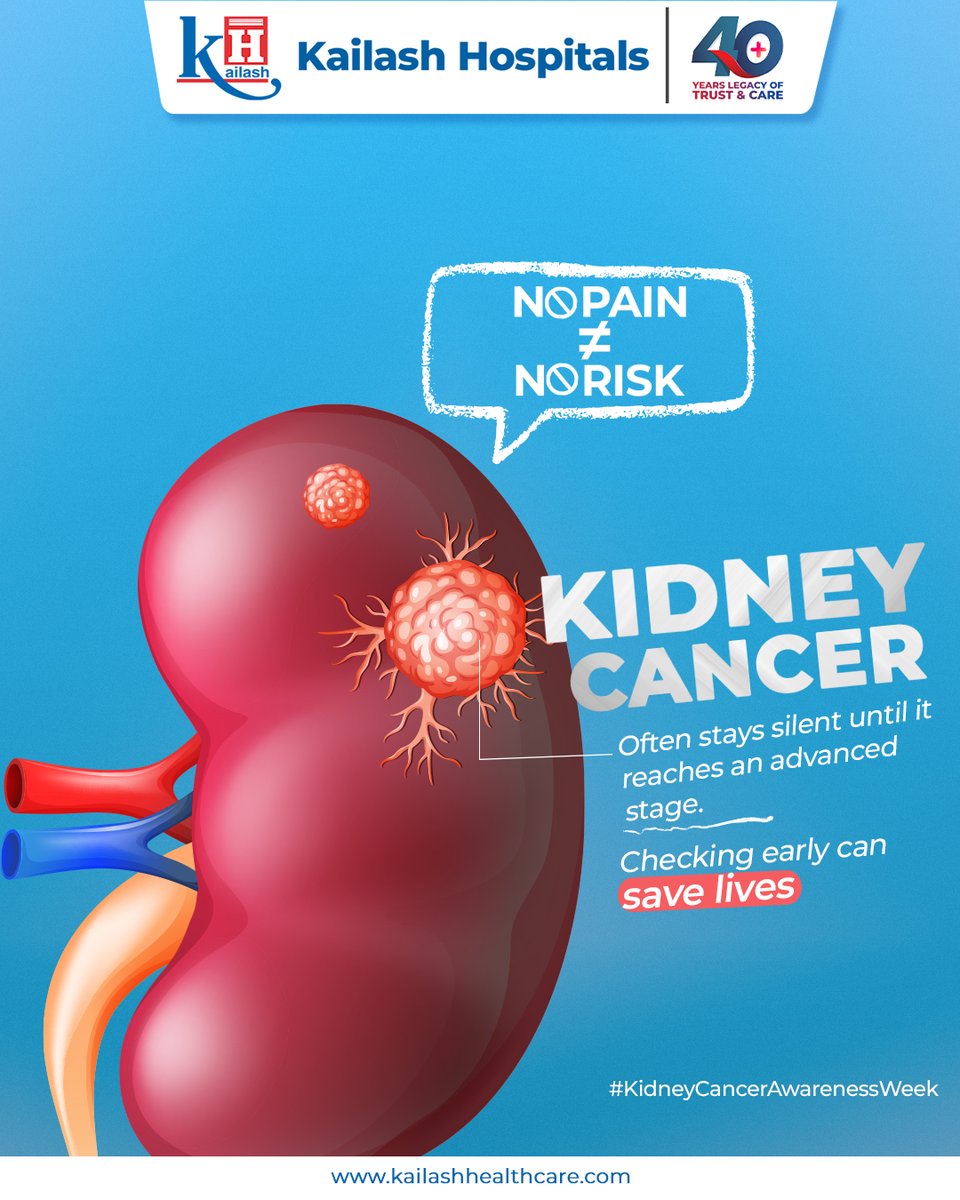 KailashHealth's tweet photo. Don’t let silence the fool you. #KidneyCancer often stays hidden until it reaches an advanced stage. Remember: No Pain ≠ No Risk.

Early detection is the key to effective treatment. Early checkup can save lives!

#KidneyCancerAwarenessWeek #EarlyDetection #KailashHospital #HealthcareTips