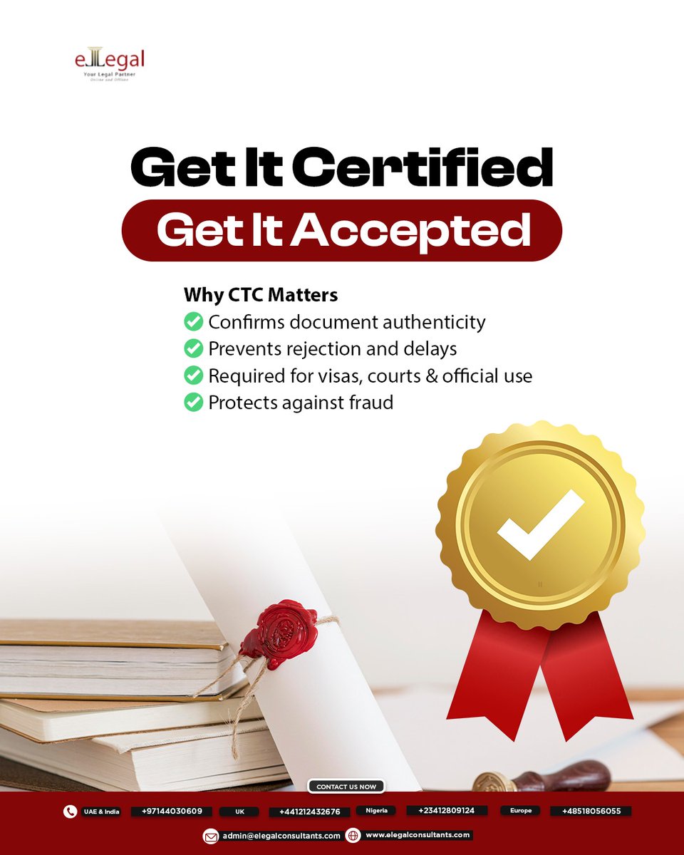 OnlineElegal's tweet image. Get it certified. Get it accepted.
CTC services ensure your documents are authentic, compliant, and ready for visas, courts, and official use without delays or rejections.

#CTCServices #CertifiedTrueCopy #DocumentCertification #LegalCompliance #VisaDocumentation