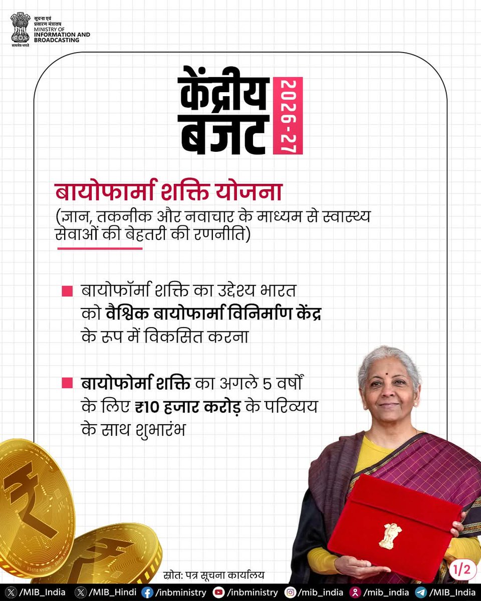 केन्द्रीय बजट 2026-27 के अंतर्गत ₹10,000 करोड़ की 'बायोफार्मा शक्ति' योजना का शुभारम्भ। यह पहल नवाचार और अनुसंधान के माध्यम से भारत को वैश्विक बायोफार्मा विनिर्माण केन्द्र के रूप में स्थापित करेगी।
#ViksitBharatBudget
<a href="/nsitharaman/">Nirmala Sitharaman</a>
<a href="/DrMohanYadav51/">Dr Mohan Yadav</a> 
<a href="/Hkhandelwal1964/">Hemant Khandelwal</a> 
<a href="/BJP4MP/">BJP Madhya Pradesh</a>