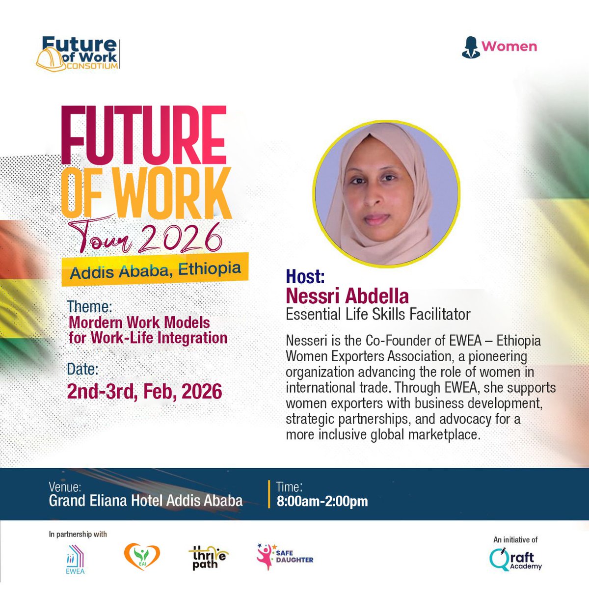 QraftAcademy's tweet photo. What it really takes to thrive at work isn’t just technical skills.

Meet Nessri Abdella, Career &amp; Life Skills Development Specialist, at the Future of Work Tour 2026 – Addis Ababa 🇪🇹.

Human skills. Real impact.

📅 2–3 Feb 2026 | 📍 Addis Ababa https://t.co/p2nngfY8C7