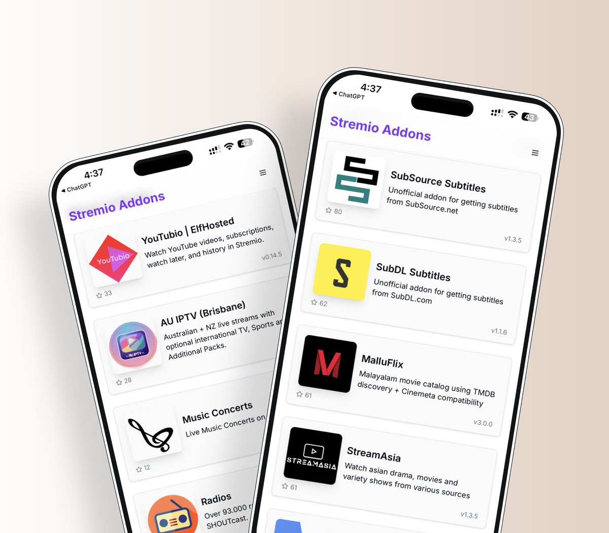 لو تستخدم Stremio… هذا موقع ما يتفوت! 📺

يجمع لك كل إضافات Stremio في مكان واحد، مرتّبة ومصنّفة وبأسلوب سهل 👌

• إضافات مشهورة مثل: Torrentio, Comet, AIOStreams, USA TV وغيرها

• تصنيفات واضحة (أفلام 🎬 | مسلسلات 📺 | بث مباشر 📡)
• تثبيت الإضافات مباشرة أو نسخ رابطها بكل