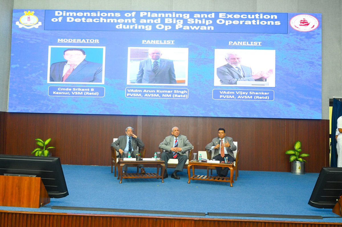InNwc's tweet photo. #InNWC, in collaboration with the Naval History Division, conducted a 'Chat@Chola'  Maritime History Seminar at the Thirukural Auditorium of the NWC. This first Chat@Chola of 2026 provided an intellectually stimulating platform, curated to examine the Indian Navy’s historical experiences across Indian Ocean Region littorals, and their relevance to contemporary maritime operations. 

The discussion saw the participation of esteemed veterans - Adm Madhvendra Singh, VAdm Arun Kumar Singh, @VAdmVShankar, VAdm Shekhar Sinha, Cmde Arvind Singh, Cmde HA Gokhale and Capt Deepak Naik, who shared first-hand experiences from Operations PAWAN and CACTUS, in the late 1980s.

Expertly moderated by @arunp2810 and @srikantkesnur, the interactions highlighted critical strategic, operational and leadership lessons for tomorrow’s maritime leaders. 

#MaritimeHistory #LearningfromHistory