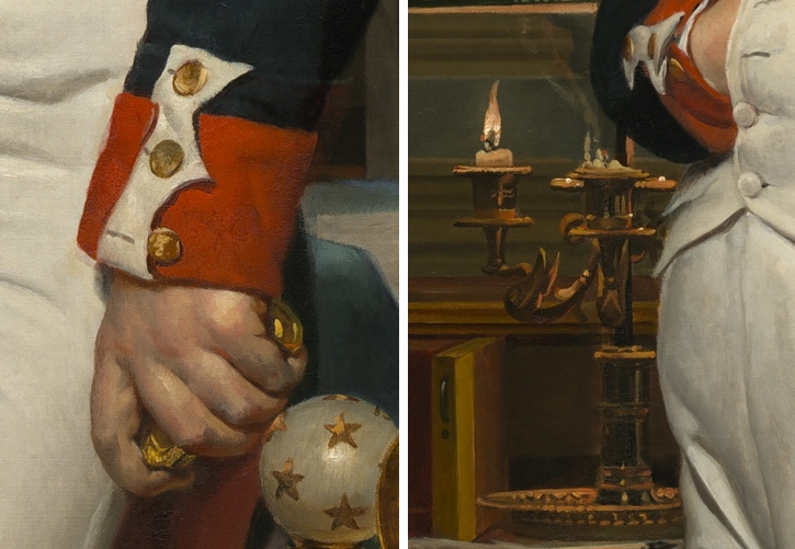 AndNapoleon's tweet photo. #MasterpieceMonday "Napoleon in His Study" by Jacques-Louis David, 1812. 
Napoleon's unbuttoned cuffs, disheveled hair, the flickering candles and the time on the clock (4:13 am) are all meant to imply he has been up all night - casting him as the tireless ruler sacrificing sleep for France. Is it real? That's irrelevent. It's effective marketing from a master-marketer.