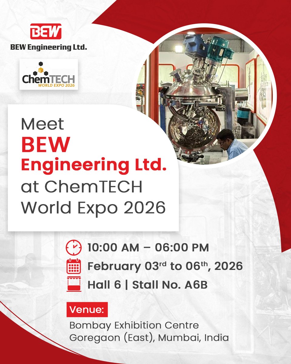 bew_ltd's tweet photo. Meet BEW Engineering Ltd. at ChemTECH World Expo 2026.
📍 Hall 6 | Stall A6B
🗓 3rd–6th February 2026 | Mumbai
Let’s talk engineering. https://t.co/okkekd4luD