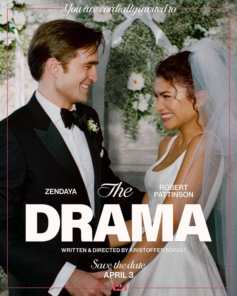 PopBase's tweet image. Film poster for ‘The Drama’ starring Zendaya and Robert Pattinson. Out April 3rd.
