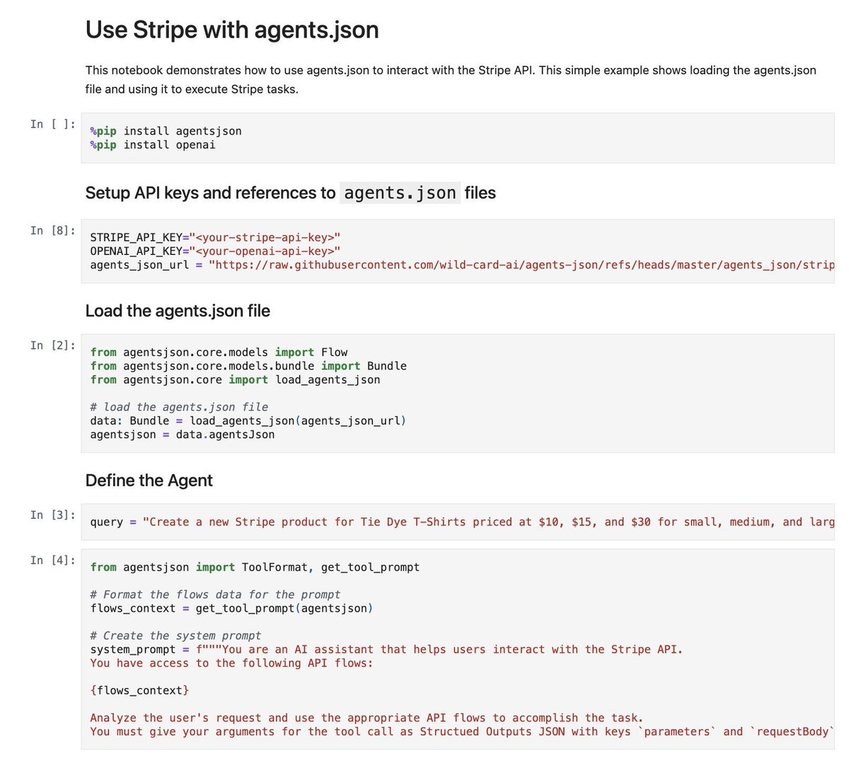 To create and run an agent using agents.json, first, install the required packages: agentsjson-core and openai. 

After loading the agents.json file with the provided URL, you’ll access the API flows defined within.