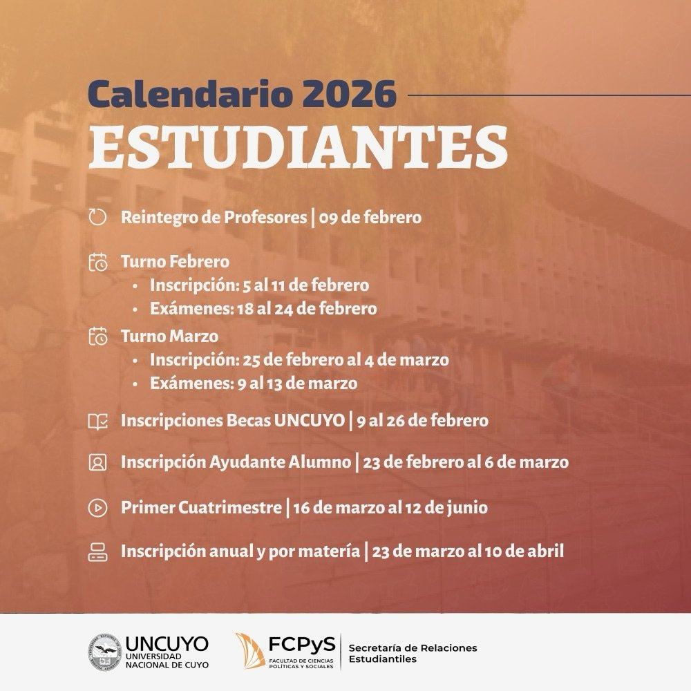 SREstudiantiles's tweet photo. 🗓️ Les compartimos el #CalendarioAcadémico2026 de la @fcpysuncuyo con información relevante para las/os estudiantes e ingresantes.

🗨️ Chequeá el calendario completo en la pagina web de la facultad: https://t.co/S22yD5pH5I https://t.co/htQIlez6Qu