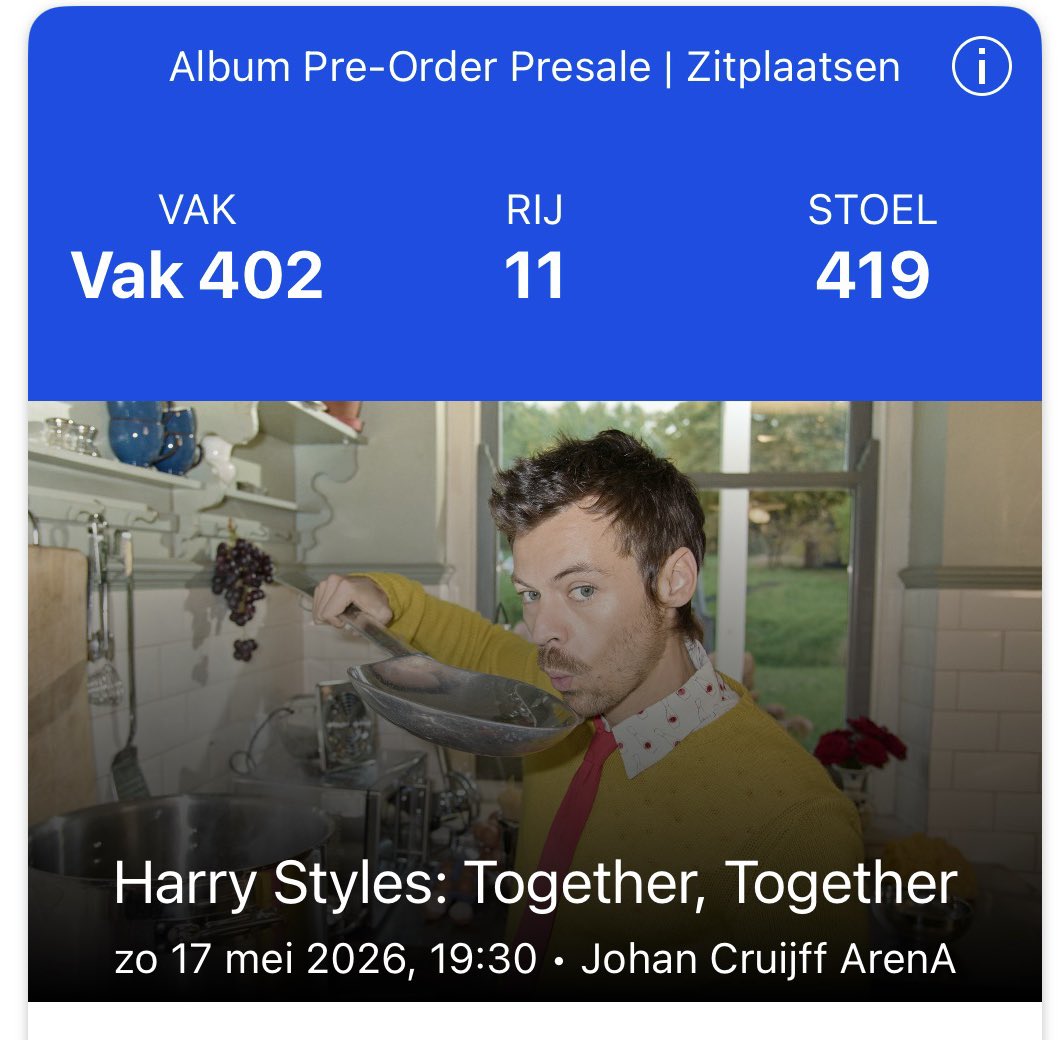 Ik verkoop deze nog steeds zodra Ticketmaster het toe laat. Let me know als je 17 mei naar Harry Styles wil voor 96 eu per stuk!