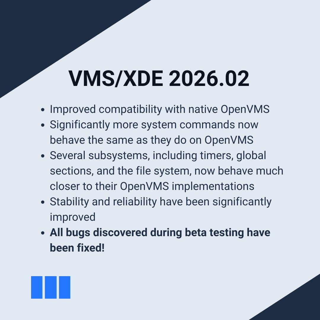 VMSSoftware's tweet image. Thanks to everyone taking part in the #VMSXDE beta. Based on your feedback, we’ve delivered a major update with real improvements to compatibility, stability, and overall behavior.
The beta is now extended until March 31 👉 hubs.ly/Q041fx8L0
#OpenVMS #BetaTesting