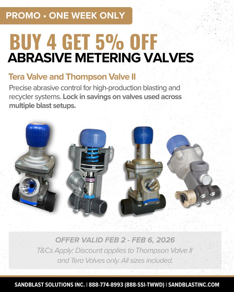 Buy 4 Get 5% Off  on abrasive metering valves.

If you’re running recyclers, 8-ton blast pots, or high-production setups, this is a smart window to stock spare valves and control downtime.

Reach out to lock in promo pricing.