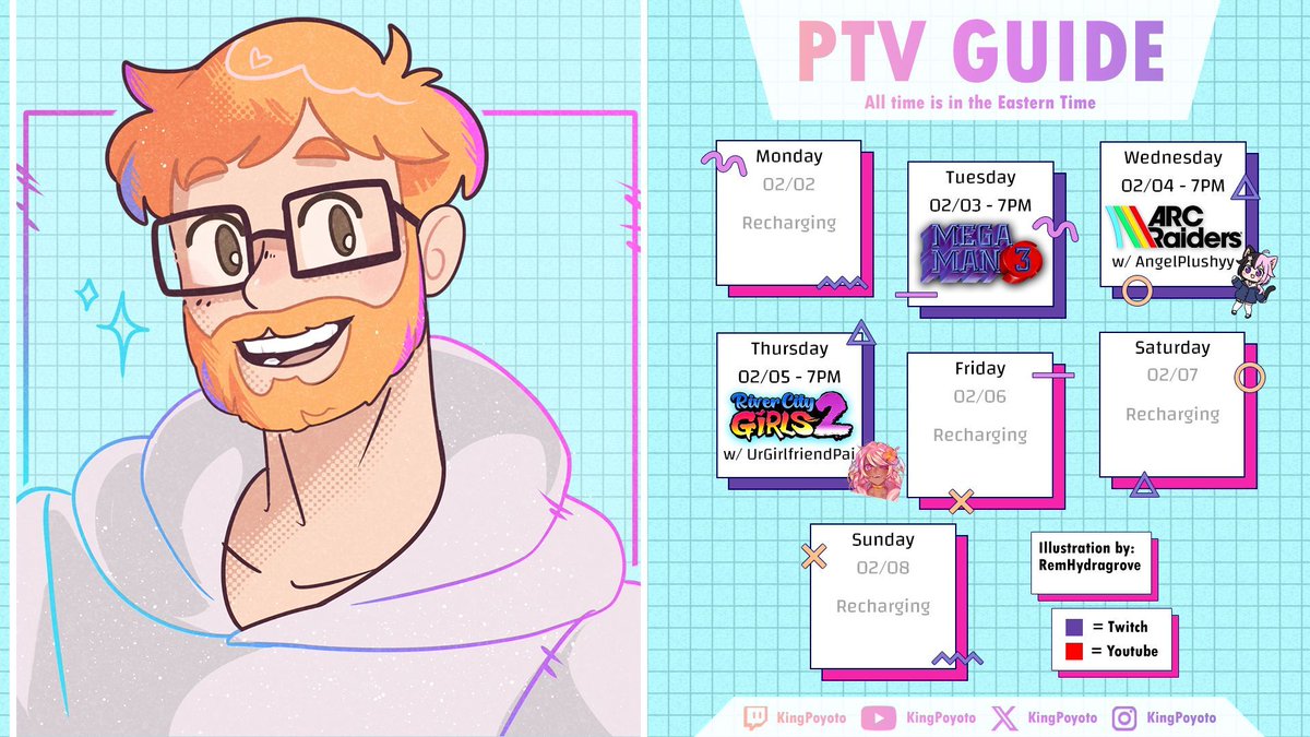 📅 Feb 2–8 Schedule (EST)  

🔵 Mega Man 3 — Feb 3 @ 7pm 
🤖 Arc Raiders w/ @AngelPlushyy — Feb 4 @ 7pm
🌊 River City Girls 2 w/ <a href="/UrGirlfriendPai/">Pai Divine 🌺✨</a> — Feb 5 @ 7pm

Retro/Retro-like fun and more Arc Raiders!🎮️ 
---
#ENVTuber #VTuberUprising
