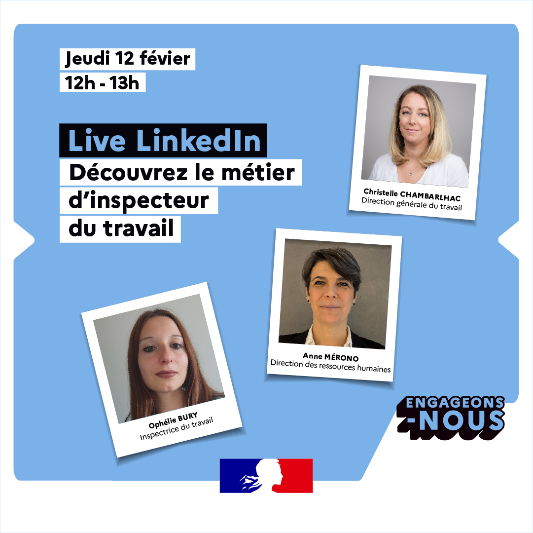 Travail_Gouv's tweet image. #EnDirect 🎥 | Le métier d'inspecteur du travail vous intéresse ? Vous voulez en savoir plus sur les différentes voies d'accès et notamment sur le concours d'inspecteur du Travail ? 

📅 Rendez-vous jeudi 12 février à 12h sur notre page LinkedIn pour un live dédié à cette