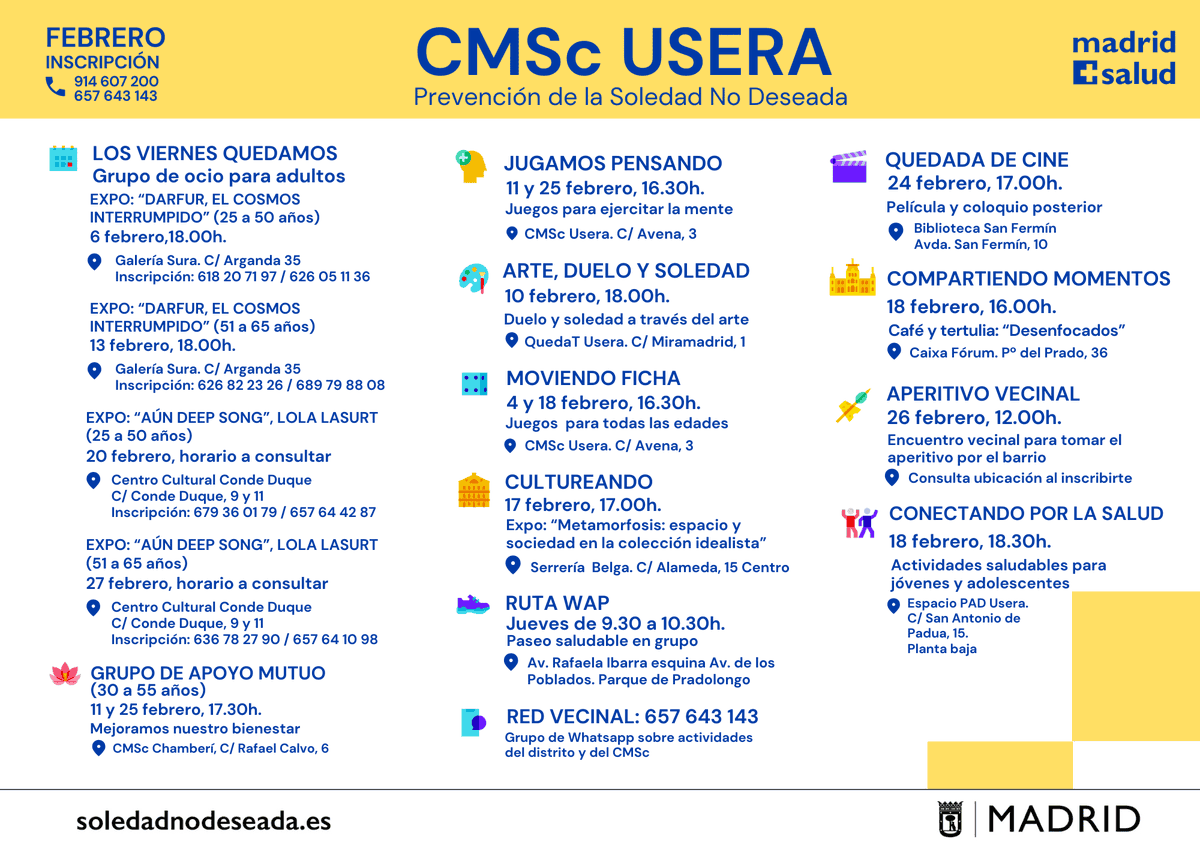 📌Ya sabes que si lo necesitas, cuentas con servicio y actividades que pueden ayudarte a paliar la #soledadnodeseada desde el #CSC en #Usera en c/ Avena, 3
Con <a href="/madridsalud/">Madrid Salud. Ayuntamiento de Madrid</a>
📆Actividades del mes:

🎦cine
🗣 red vecinal
👟rutas wap

Inscripción previa👇
▶soledadnodeseada.es