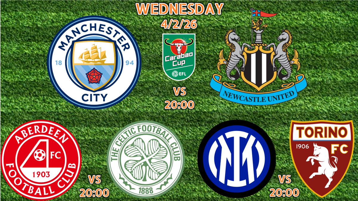 Wednesday nights football....

⚽🏆Manchester City (2) - (0) Newcastle United🏆⚽20:00
⚽Aberdeen v Celtic⚽20:00
⚽Inter Milan v Torino⚽20:00

Shown LIVE here @ Steelers Sports Bar