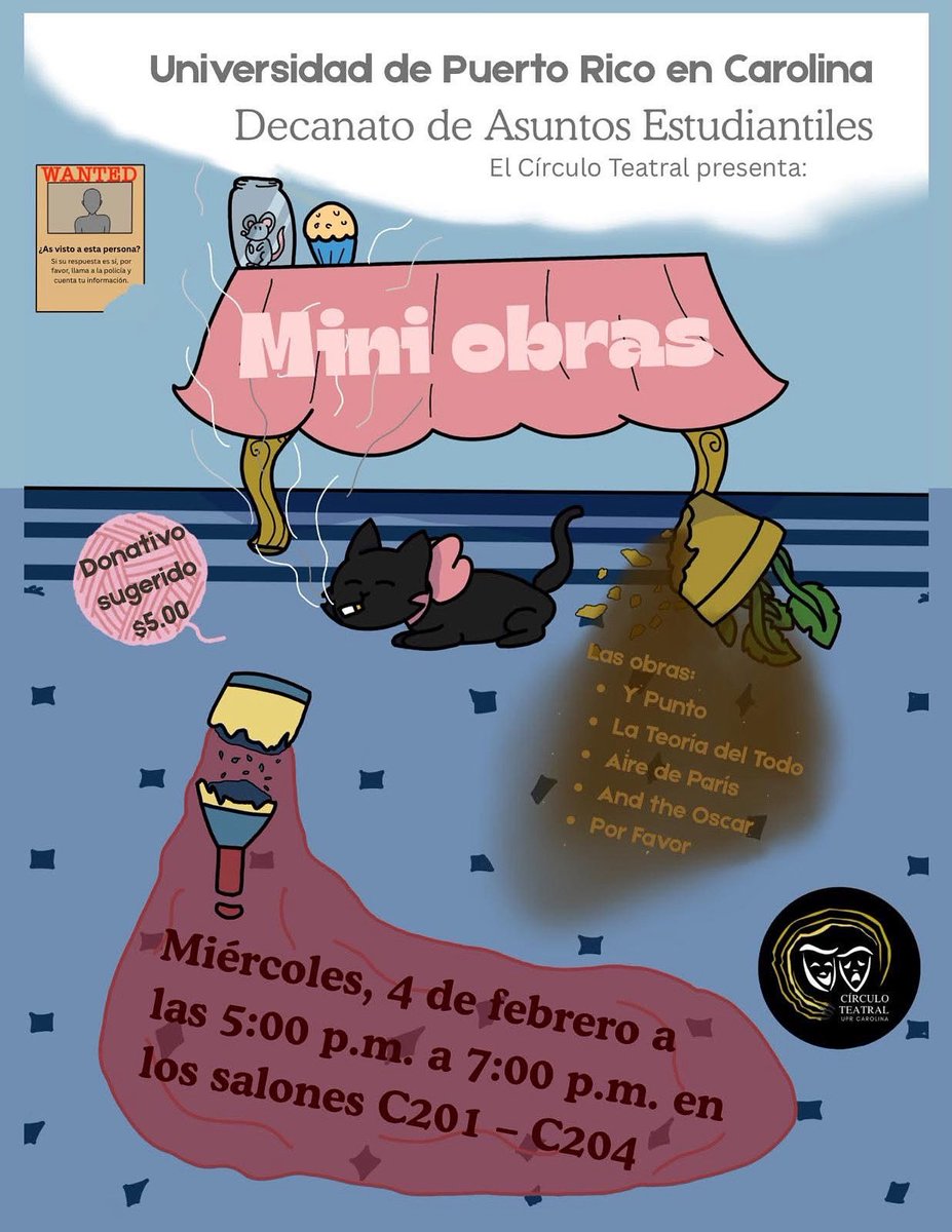 UprCarolinaCrep's tweet photo. 🎭✨MIÉRCOLES DE TEATRO - El Decanato de Estudiantes UPR Carolina junto al CTUC Círculo Teatral UPR Carolina te invitan a disfrutar de 5 MINI OBRAS 

📅 Miércoles, 4 de febrero de 2026
⏰ 5:00 p.m. – 7:00 p.m.
📍 Salones C201 a C204 y pasillo adyacente https://t.co/f7xFXHWz3G