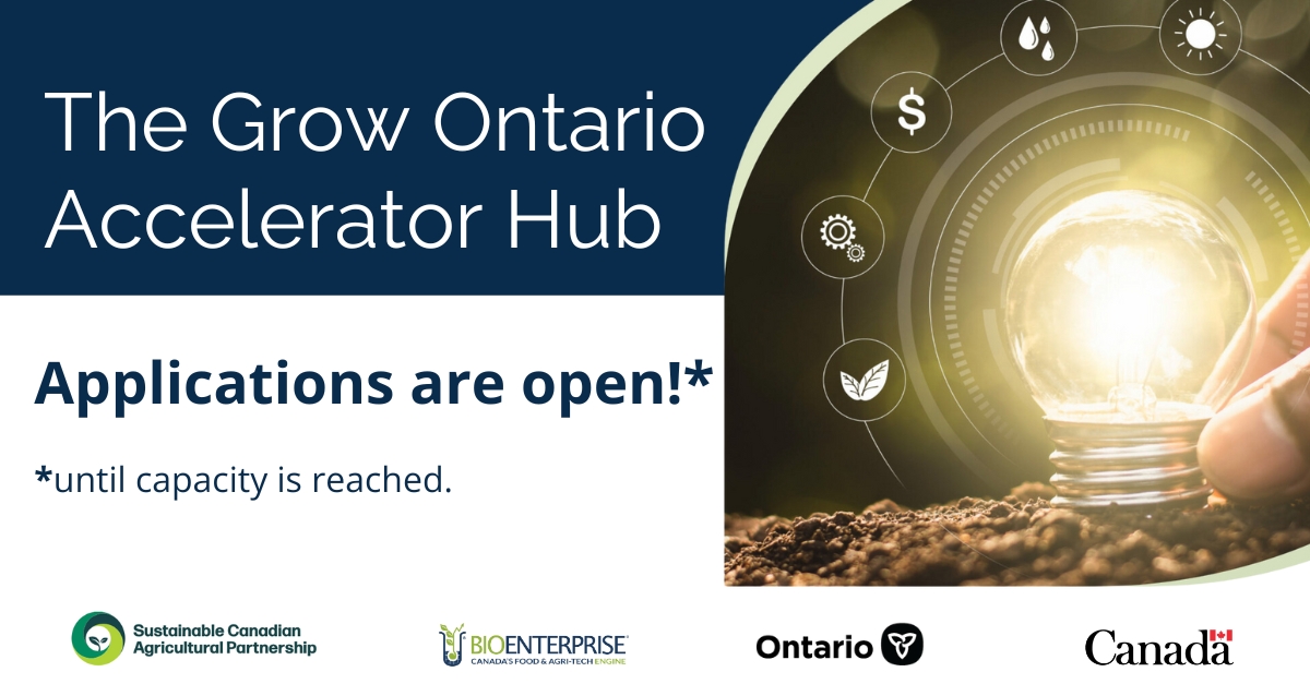 BioenterpriseCA's tweet photo. Ready to grow your ON-based #AgriBusiness? 🚀 With support from @AgricultureON the Grow Ontario Accelerator Hub is open for intake! 👉  EN: https://t.co/irXpEwPsX6
FR: https://t.co/TfRR3um8be
Learn more about GOAH in our info session: Feb 11 at 2pm
Register 👉https://t.co/LcgZACUA0O