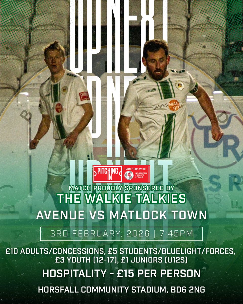 Big Tuesday night at Horsfall! Avenue vs Matlock Town under the lights (7:45pm) – get down and back the lads!

Preview: buff.ly/if8LoiG

Tickets: buff.ly/VWVwWaA

Proudly sponsored by The Walkie Talkies.
#Bradford #ParkAvenue #GreenArmy