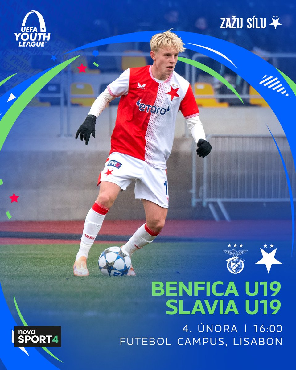 🔴⚪ Mládežnická Liga mistrů pokračuje a #SKSU19 vyhlíží duel s Benfikou 🇵🇹

Šestnáctifinále <a href="/UEFAMensYouth/">UEFA Men's Youth</a> čeká mládežníky ve středu 4. února od 16:00 v Lisabonu. Přímý přenos zápasu nabídne <a href="/novasport_cz/">Nova Sport</a>.

📰 INFORMACE 👉 slavia.cz/article/23859