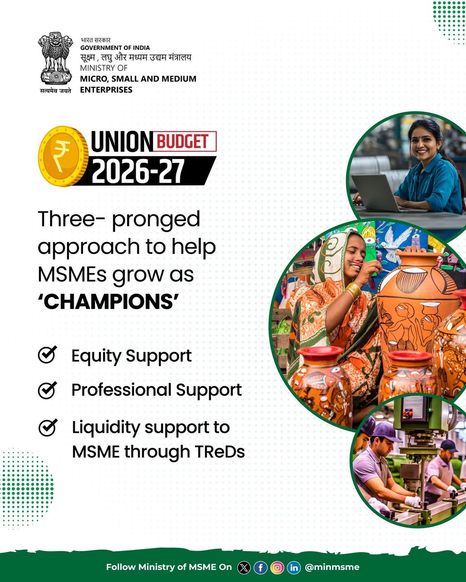 wwepcindia1's tweet image. Empowering MSMEs to rise as champions!
Union Budget 2025–26 focuses on Equity Support, Professional Support, and improved liquidity through TReDs. 

#MSME #enterpreneur #employment #Empowerment #Budget2026india