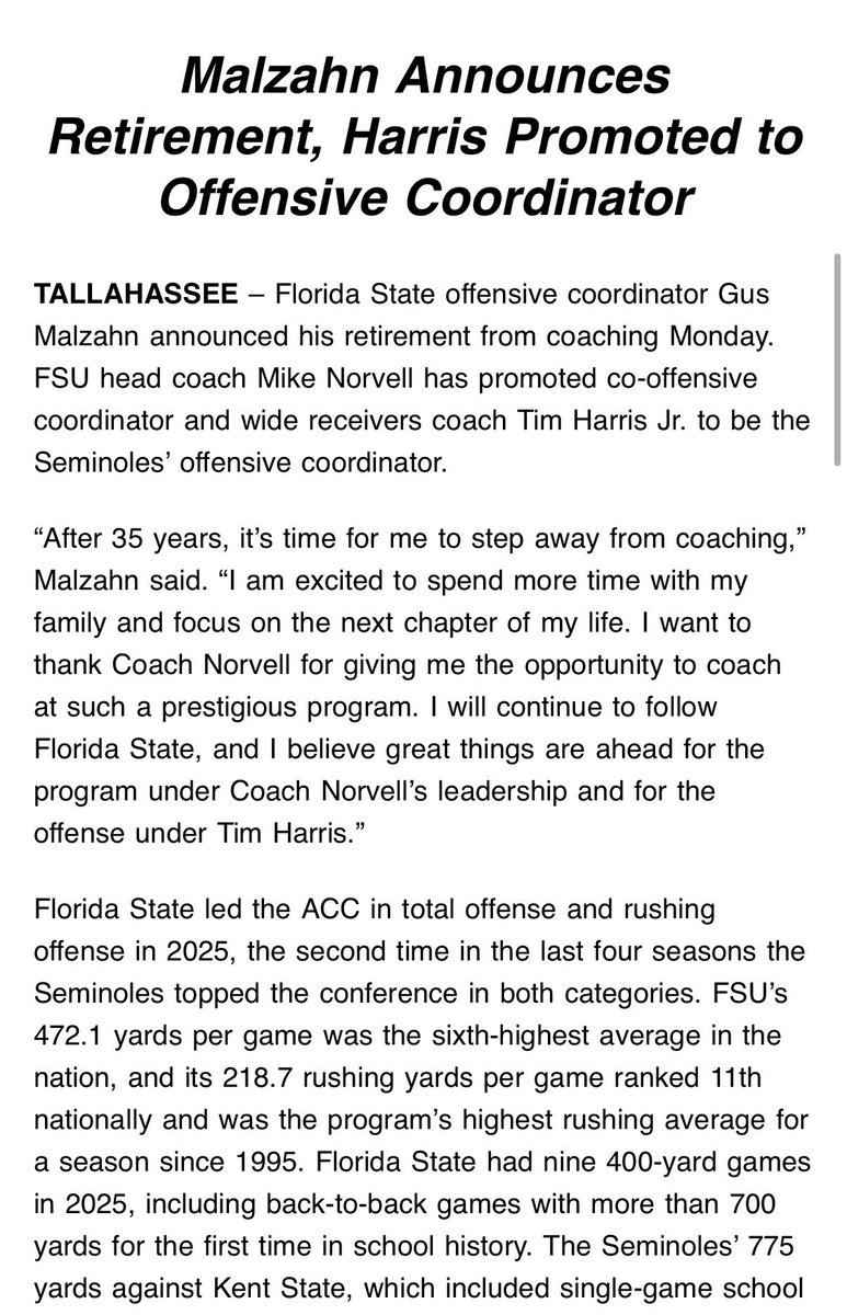 RossDellenger's tweet photo. FSU OC Gus Malzahn is retiring https://t.co/kwtBiIdnAW