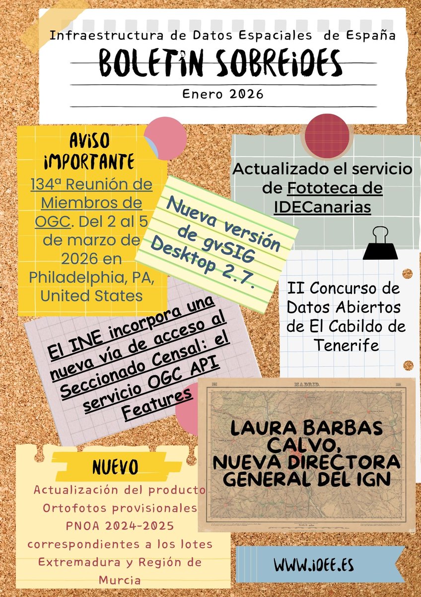 IDEESpain's tweet photo. 📢 ¡Ya está disponible el Boletín #SobreIDEs de enero! 🌍
Descubre las últimas novedades sobre Infraestructuras de Datos Espaciales (IDEs) en nuestro nuevo número.
🔗 Léelo aquí: https://t.co/VVG8oKYfub
#IDEs #DatosEspaciales #BoletínIDEs https://t.co/uGfvzKw11Z