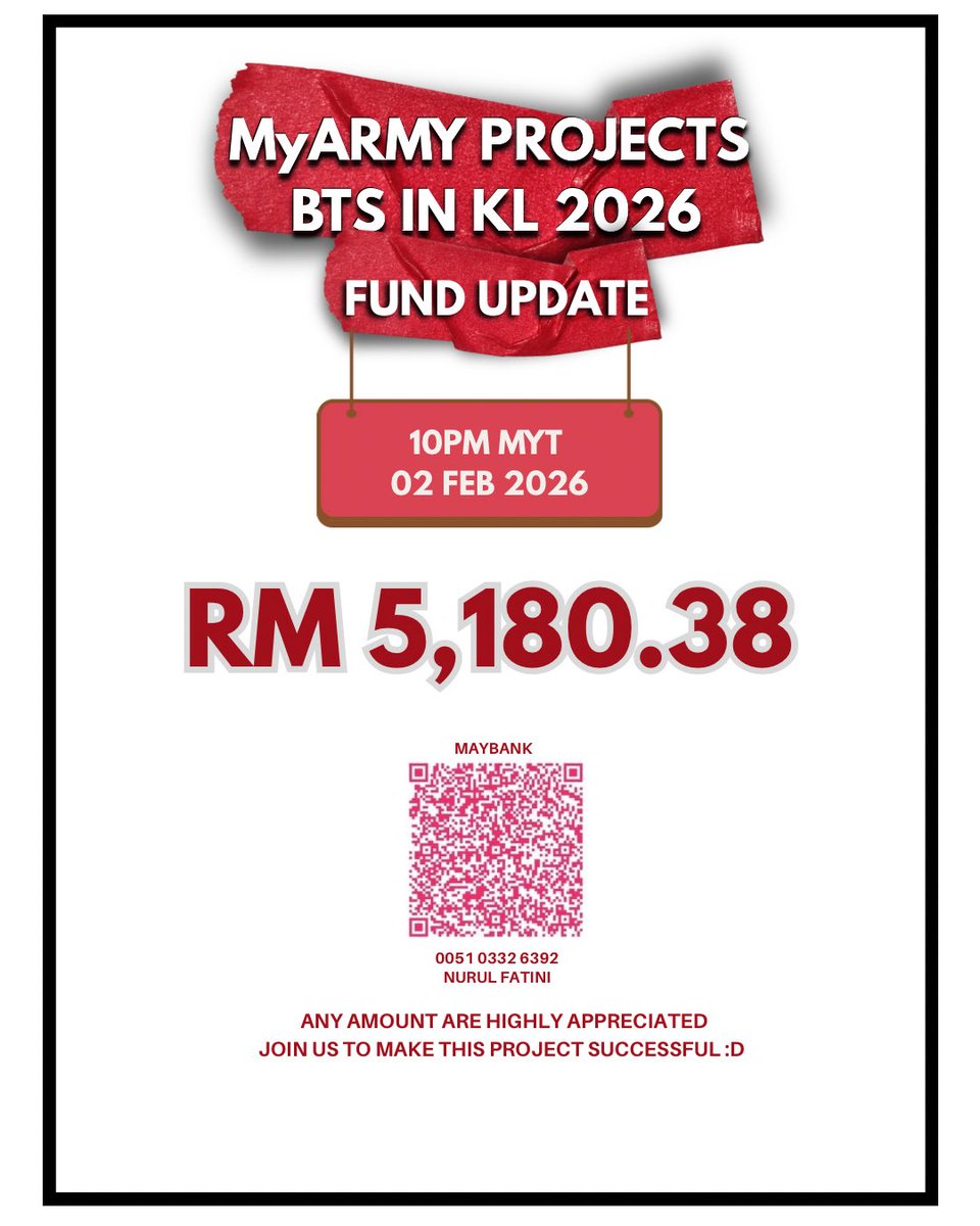 📢 #BTSinKL MyARMY PROJECTS FUND UPDATE

As of 10 PM, we’ve collected RM 5,180.38.
Thank you, ARMY, for the love and trust in our #BTSinKL project.💜

We’ll continue to keep things transparent and updated ✨
— <a href="/RMten10crew/">RM10 Crew</a> 

#BTS_WORLDTOUR 
#BTS_WORLDTOUR_ARIRANG