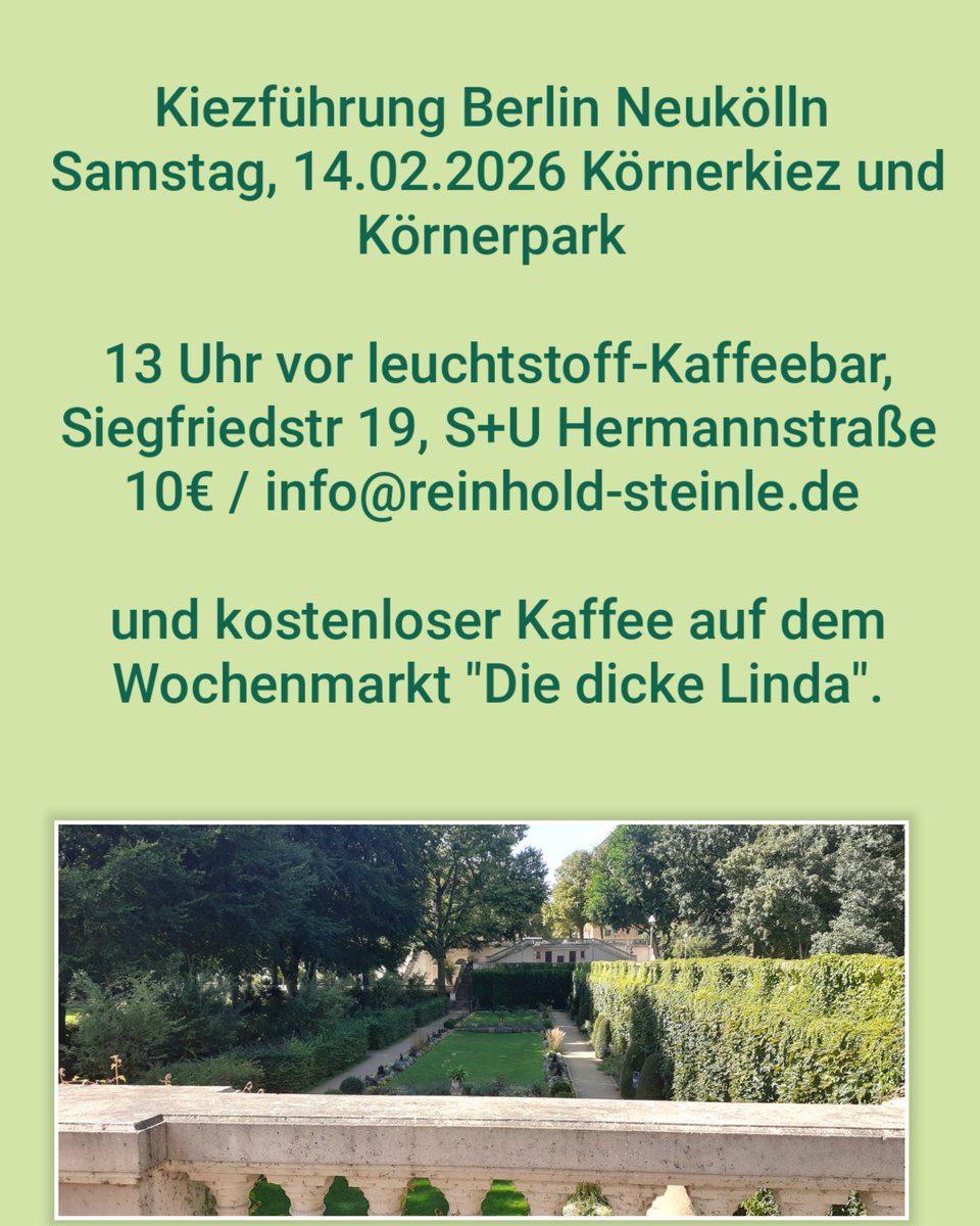 #kiezspaziergang #Neukoelln #kostenlos #gratis #Rudow #Buckow #britz #visitberlin 

Führung Neukölln Körnerkiez-anschließend kostenloser Kaffee auf dem Wochenmarkt Die dicke Linda.