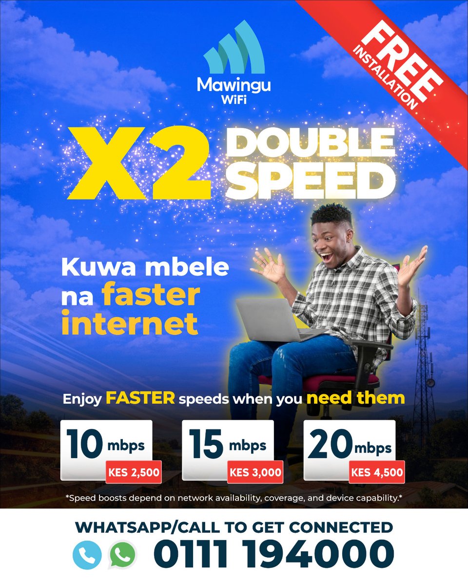 MawinguInternet's tweet image. Unataka internet haraka zaidi? ⚡

Mawingu WiFi inakupa X2 speed ili u-enjoy faster internet kila siku.

📲 WhatsApp/Call 0111 194 000

#Mawingu #WifiMashinani #DoubleSpeed #WiFi